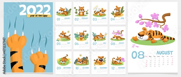 Obraz Children's calendar for 2022 - year of tiger. Cute funny striped baby tiger cub are having fun and relaxing. Cartoon vector template for calendar or planner