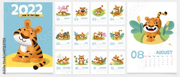 Obraz Calendar for 2022 - year of the tiger. A cute funny striped tigers are having fun and relaxing. Cartoon vector template for calendar or planner