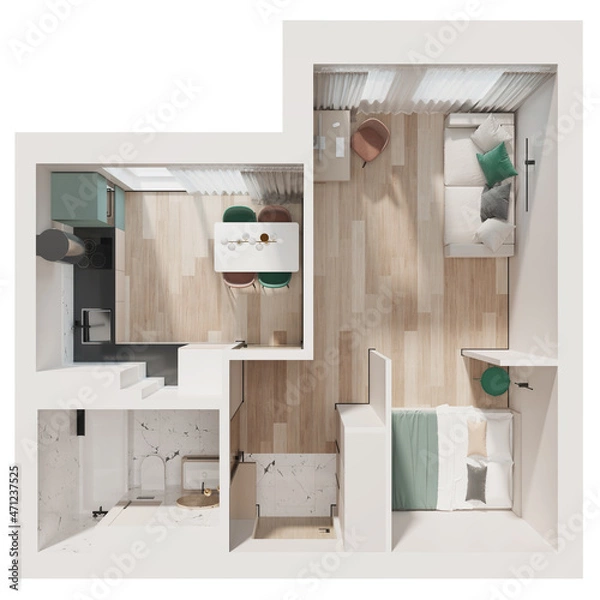 Fototapeta Small apartment design. The layout of the premises. Space zoning. View from above. 3D rendering.