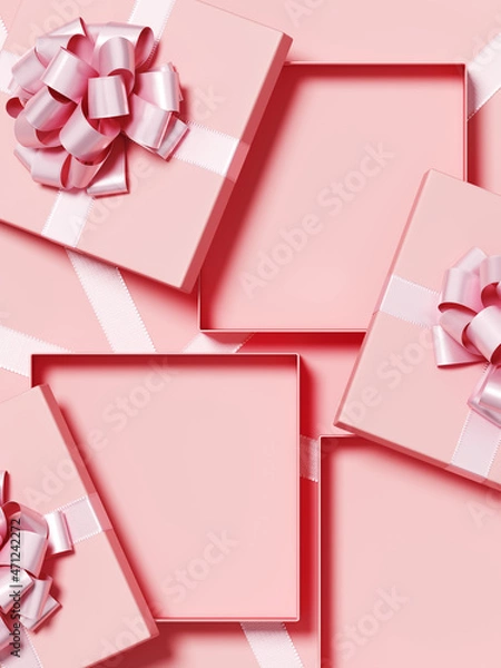 Fototapeta Minimal copy space for Christmas, New year and holiday season. Open pink gift box with ribbon bow on pink background. 3d render illustration. Clipping path of each element included.