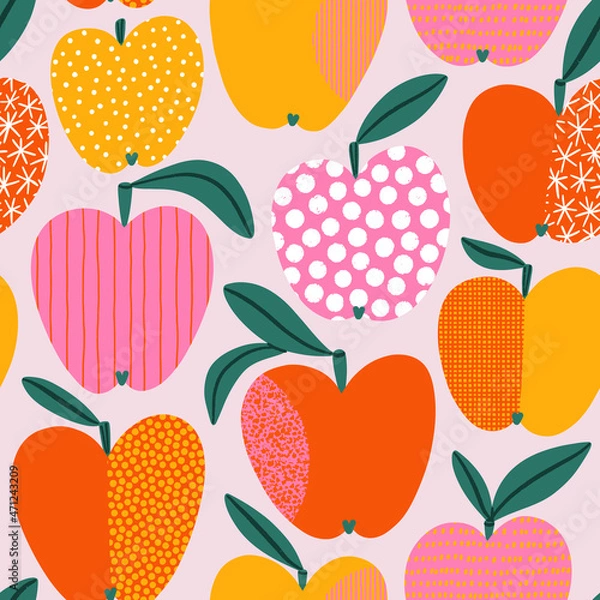 Obraz Juicy apples with abstract hand drawn textures, vector pattern