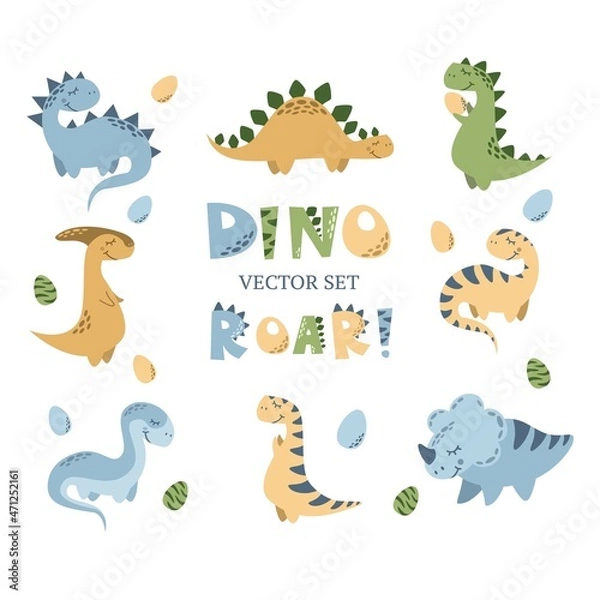 Fototapeta Vector set of different dinosaurs. Cute childish illustration. Collection of monsters. Prints for baby clothes