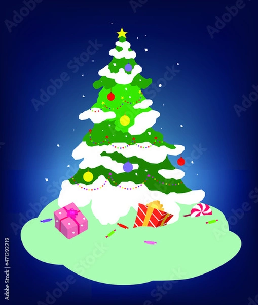 Fototapeta Vector image of a New Year tree. Christmas tree decorated with garlands and New Years toys. New Year's and Christmas Eve. Happy New Year and Christmas holidays.