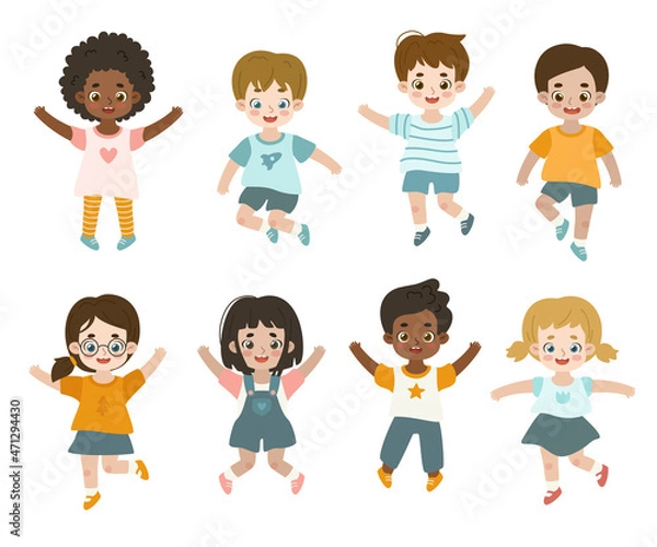 Fototapeta Cute active children jumping. Adorable happy kids dance. Smiling friends classmates having fun.