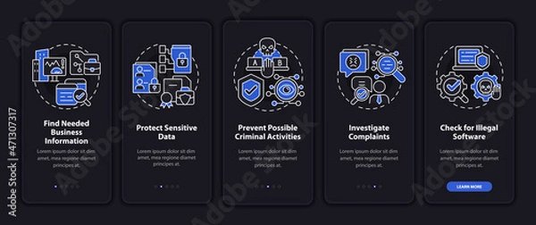 Obraz Surveillance legal uses dark onboarding mobile app page screen. Work control walkthrough 5 steps graphic instructions with concepts. UI, UX, GUI vector template with night mode illustrations