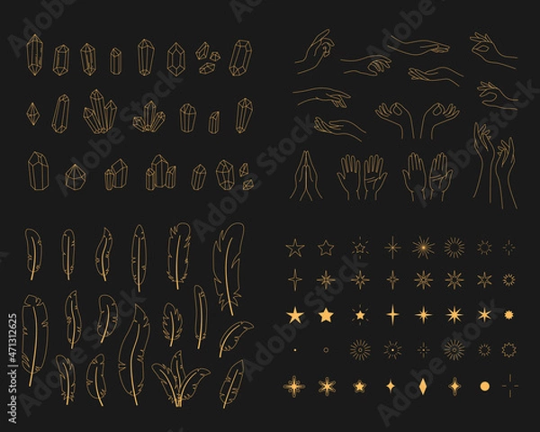 Fototapeta Set for creating logos. Outlined hands, crystals and feathers. Tarot and makeup female astrologer icons