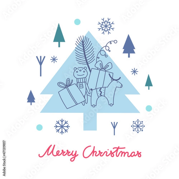 Obraz Christmas vector illustration. Christmas tree with toys and gifts on a background of snowflakes and small fir trees. Suitable for cards,  invitations, greetings and other