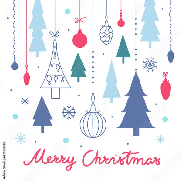 Obraz Christmas vector illustration. Christmas trees, Christmas balls on a background of snowflakes with the inscription "Merry Christmas" . Suitable for cards,  invitations, greetings and other