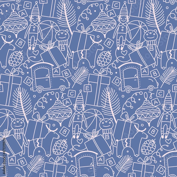 Obraz Christmas and winter vector seamless pattern. Christmas balls, gifts, toys, snowflakes on a blue background. Suitable for cards, Christmas cards, invitations, greetings, paper and others.  