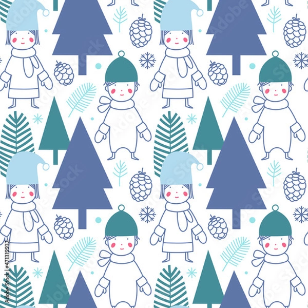 Obraz Christmas and winter vector seamless pattern. Children in the winter forest on a light background. Suitable for cards, Christmas cards, invitations, greetings, paper and others.  