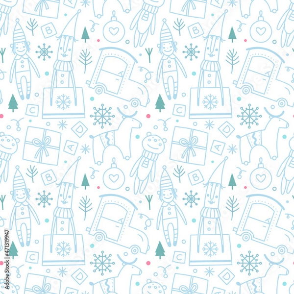 Obraz Christmas and winter vector seamless pattern. Christmas balls, trees, gifts, toys, snowflakes on a light background. Suitable for cards, Christmas cards, invitations, greetings, paper and others.  
