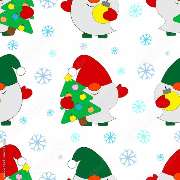 Fototapeta Seamless vector pattern with cute cartoon Gnome with Christmas tree