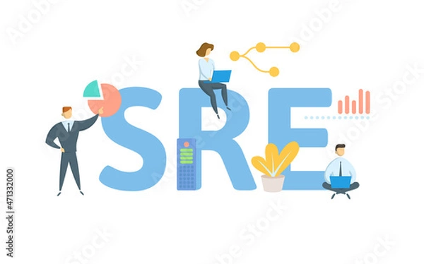 Fototapeta SRE, Site Reliability Engineering. Concept with keyword, people and icons. Flat vector illustration. Isolated on white.