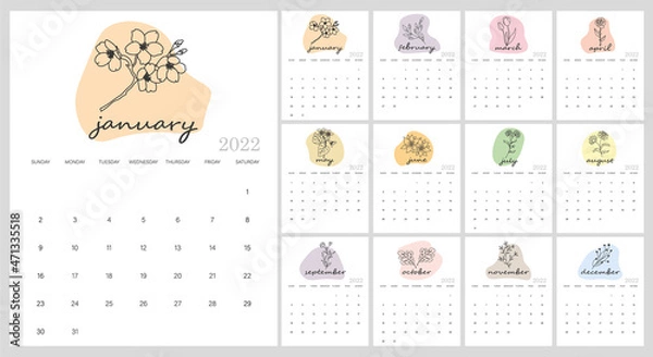 Fototapeta 2022 calendar template with floral design. Vector illustration.	
