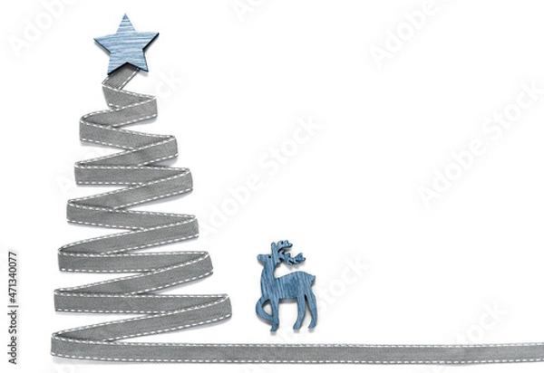 Obraz Christmas tree made of ribbon with a star on a white background. Place for your text.

