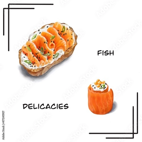 Obraz Set fish delicacies. Pastel illustration