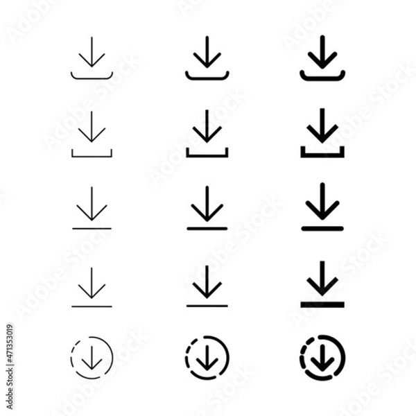 Fototapeta Download line icons set in black, isolated on white background. Load concept. Flat design. Trendy outline minimalistic logo for app, graphic, design, infographic, web, site, ui, ux, dev. Vector EPS 10
