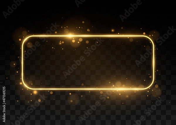 Fototapeta Vector golden frame with lights effects. Shining rectangle banner. Isolated on black transparent background. Vector illustration, eps 10.