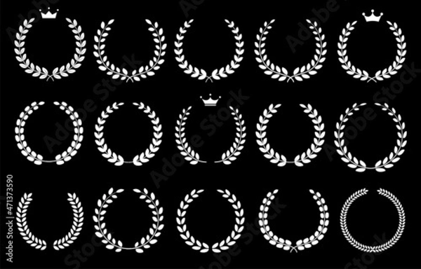 Fototapeta モノクロのシンプルな月桂冠イラストセット(黒背景に白)
