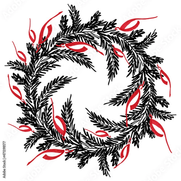 Obraz Christmas tree marker lines holiday new year christmas spruce Christmas wreath with made of fir branches drawing black white red
