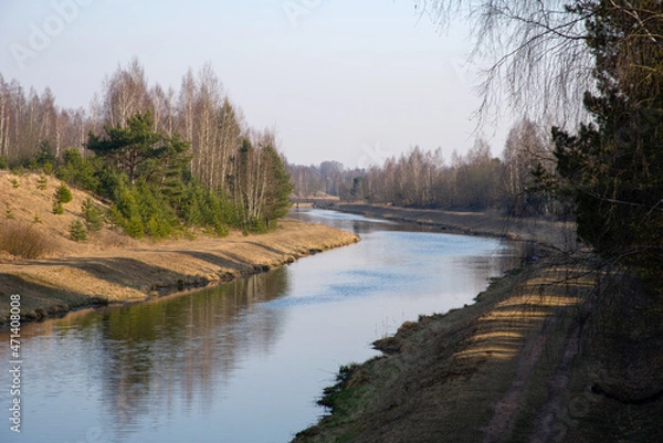 Obraz View of a small river in spring. Channel of the Vileyka-Minsk water system for the transfer of water flow