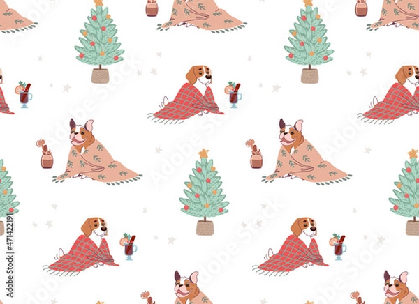 Obraz Seamless Christmas pattern with dogs and Christmas trees. Vector in flat style.