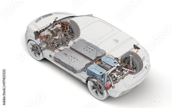 Fototapeta Electric car technical cutaway 3d rendering.