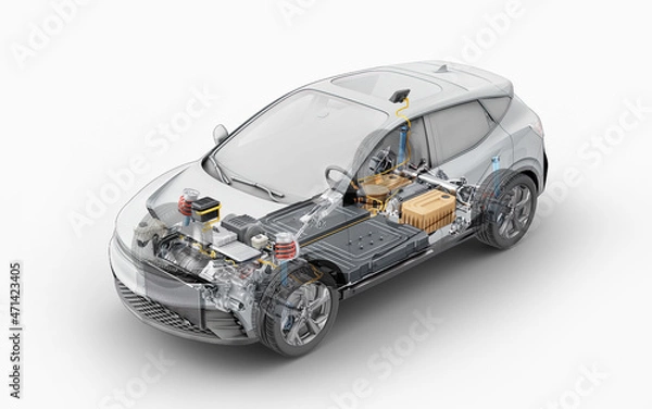 Fototapeta Electric car technical cutaway 3d rendering.
