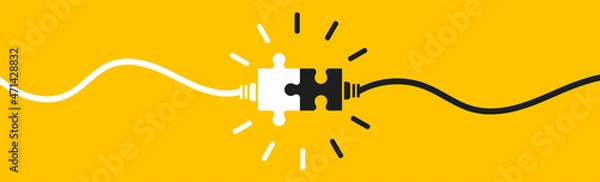 Obraz Connecting puzzle pieces on yellow background. Idea, solution, business, strategy concept. Vector illustration isolated.