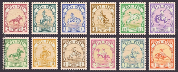 Fototapeta vector image of a cowboy on a horse in the form of a postage stamp printing on paper and t-shirt	