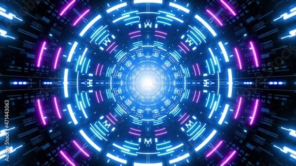 Fototapeta Glowing Blue Circle Lamp in the Multiple Neon Light Retro Style Sci Fi Tunnel