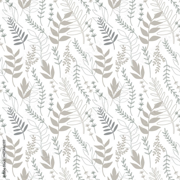 Fototapeta Gray leaves on a white background. Vector seamless pattern. Suitable for wrapping paper, wedding textile and bedding.
