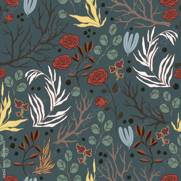 Fototapeta Seamless pattern with floral elements. Decorative wallpaper in vintage gothic style. Vector illustration