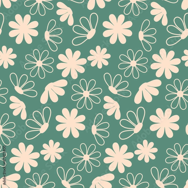 Fototapeta Silhouette of delicate pink flower on marsh green seamless pattern, wallpaper wrapping textile