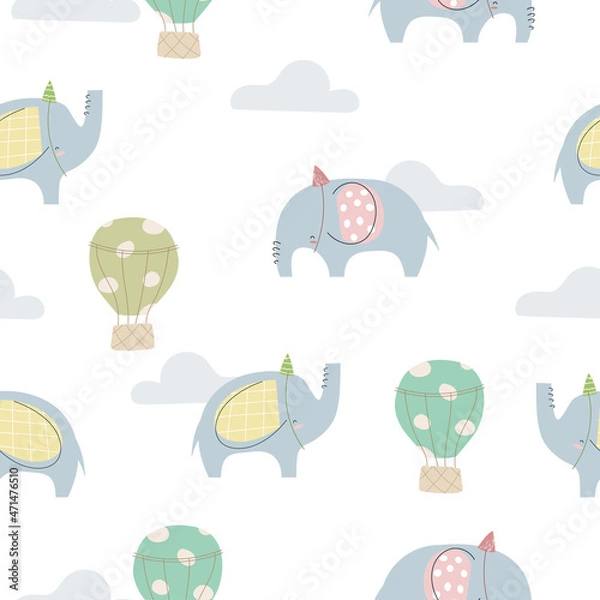 Fototapeta Cute baloons and elephants on white background. Baby seamless vector pattern. 