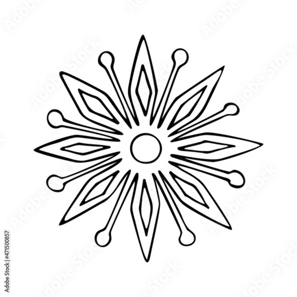 Fototapeta Thin line doodle snowflake. Ice crystal hand drawn. Vector of frosty pattern. Winter snow ornament. Christmas illustration isolated on white background.