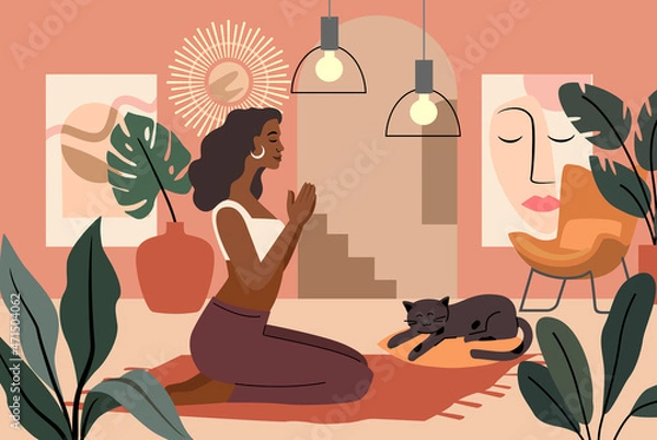 Fototapeta Young woman doing yoga exercises and practicing meditation vector. Female character in home interior