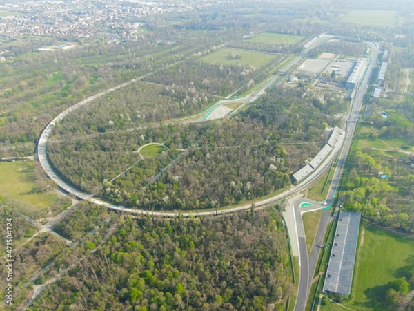 Obraz Aerial view of The Autodromo Nazionale of Monza, that is a race track located near the city of Monza, north of Milan, in Italy. Drone photography of the circuit in Monza, Lombardia, Brianza.