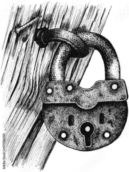 Fototapeta Door lock in a grafic style. Ink barn vintage rusty padlock.