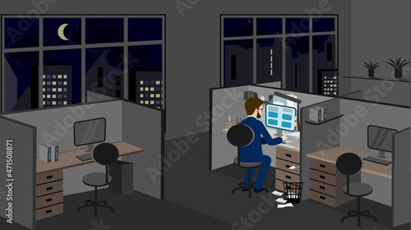 Obraz an office worker works in an empty office late at night alone. Vector illustration of a work office after people left work, one person remained at his workplace.