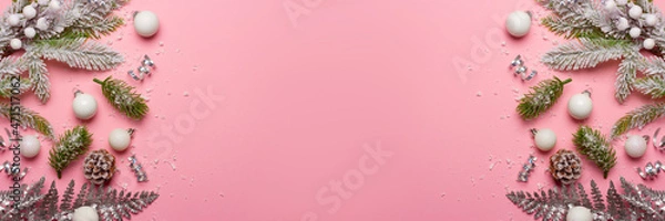 Fototapeta Christmas composition with decorations and ornametns on pink background with empty space