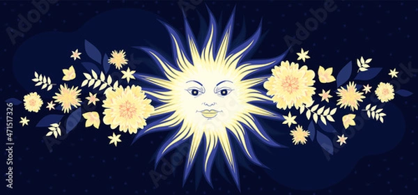Fototapeta Sun with face and decorative flowers. Astrology symbol and mystic design element. Dark blue background.