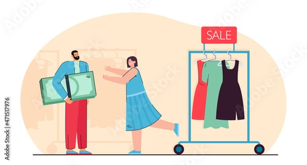 Fototapeta Happy couple shopping in retail clothing store. Tiny woman running to man holding money flat vector illustration. Fashion, online shop sales concept for banner, website design or landing web page