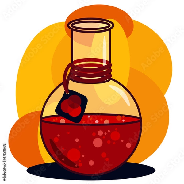 Fototapeta Red flask with witchcraft potion isolated on white background. Magical substance in a bottle with bubbles.