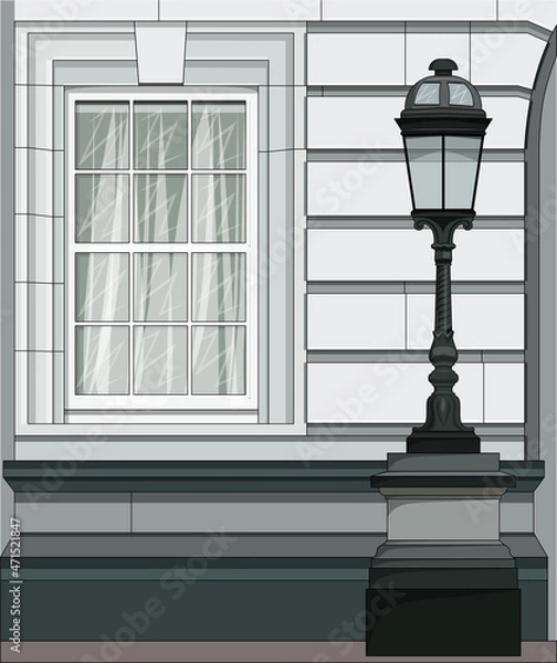 Fototapeta The facade of the building with a window and a street lamp in the classicism style.