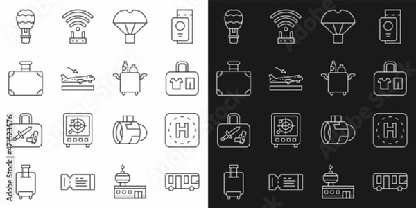 Fototapeta Set line Airport bus, Helicopter landing pad, Suitcase, Box flying on parachute, Plane, Hot air balloon and Trolley for food icon. Vector