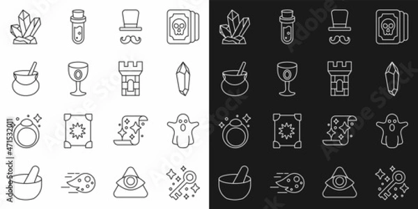 Fototapeta Set line Old magic key, Ghost, Magic stone, Magician, Medieval goblet, Witch cauldron, and Castle tower icon. Vector