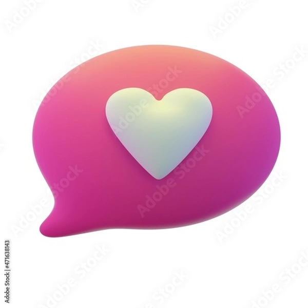 Fototapeta 3d like speech bubble icon. Render illustration of pink color comment cloud with approval heart isolated on the white background. Modern cartoon design. Social media, chatting, dreaming concept.