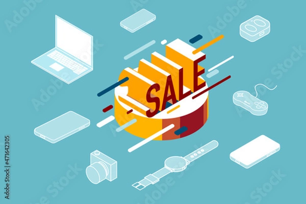 Obraz Isometric sale charactor on blue baclground with electronics gadget. Sale wording for electonics promotion campaign.