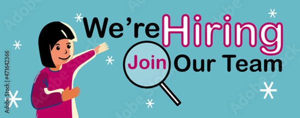 Fototapeta Recuitment advertiment banner with We are hiring join out team wording on blue background. a woman is promote the job employment campaign.